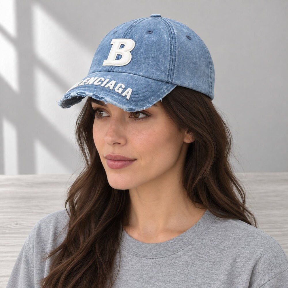 Balenciaga Blue Distressed Denim Cap - Picture 3 of 6
